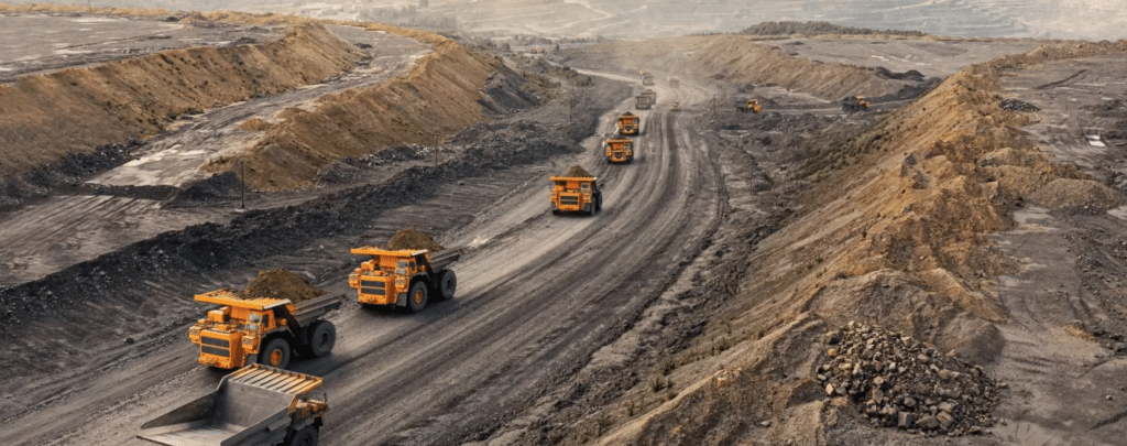 Large dump trucks transport earth along a wide dirt road in an open-pit mining site, surrounded by excavated terrain and mounds of soil.