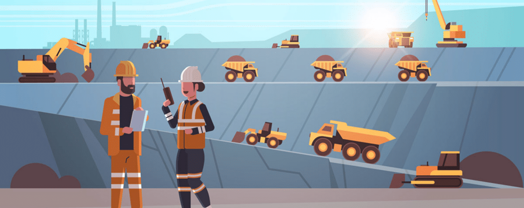 Two construction workers in safety gear discuss plans on a mining site with excavators, dump trucks, and cranes operating in the background.
