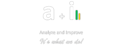 Fond blanc avec un grand texte "a + i", une icône de diagramme à barres et les phrases "Analyze and Improve" et "It's what we do !" en dessous dans différentes polices.