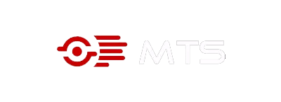 Logo circulaire rouge stylisé avec trois lignes orientées vers la droite à côté des lettres "MTS" en blanc sur un fond gris clair.