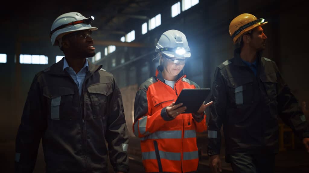 Three industrial workers wearing safety gear and helmets walk inside a factory; one person in a reflective vest uses a tablet with a headlamp on.