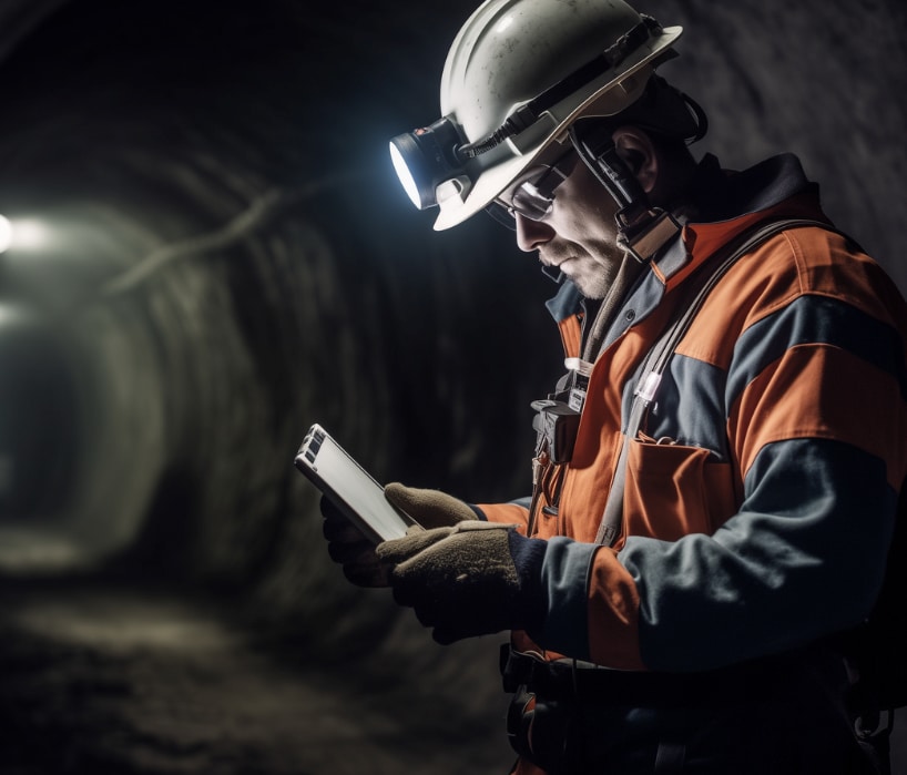 Operario minero con linterna frontal
