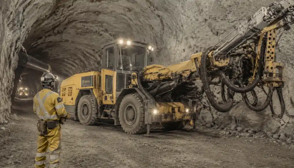 Underground mining technician observing a production drill rig operating in a mine development heading. The image represents maintenance planning, equipment reliability, workforce readiness, and predictive maintenance strategies designed to support safe and efficient underground mining operations.